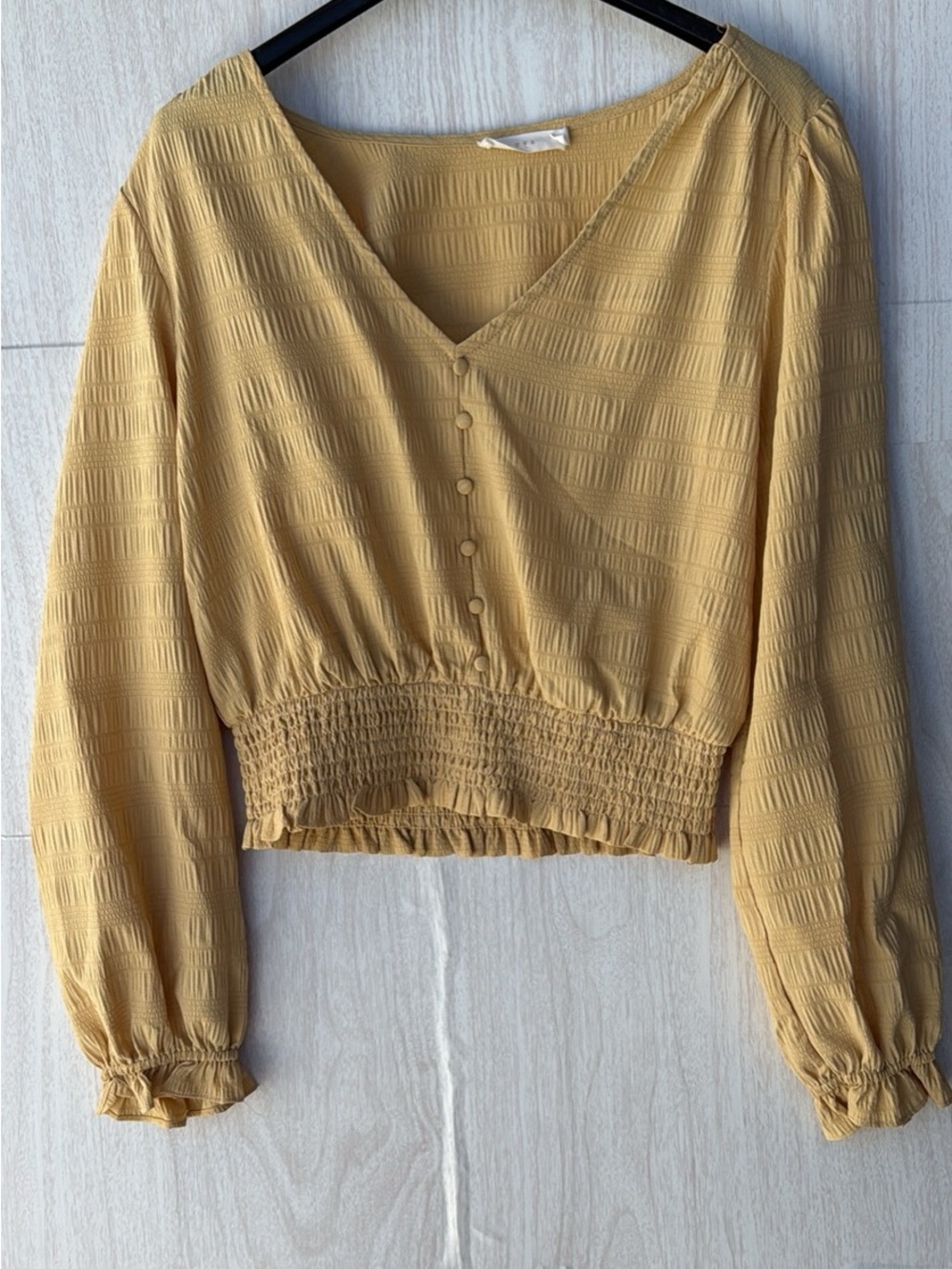Lush Mustard Yellow V-Neck Smocked Hem Button-Front Crop Top